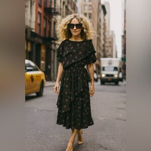 Jody California black Floral Ruffle layered Midi Dress pink tulips medium